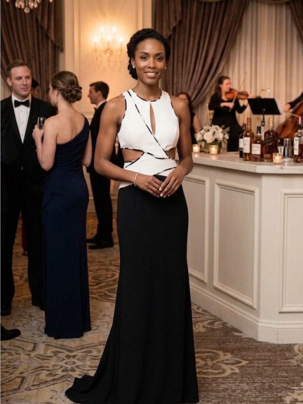BCBG Elegant cutout black and white Gown